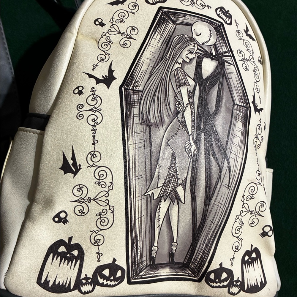 Loungefly Cream and gray Backpack with  Jack Skellington and Sally